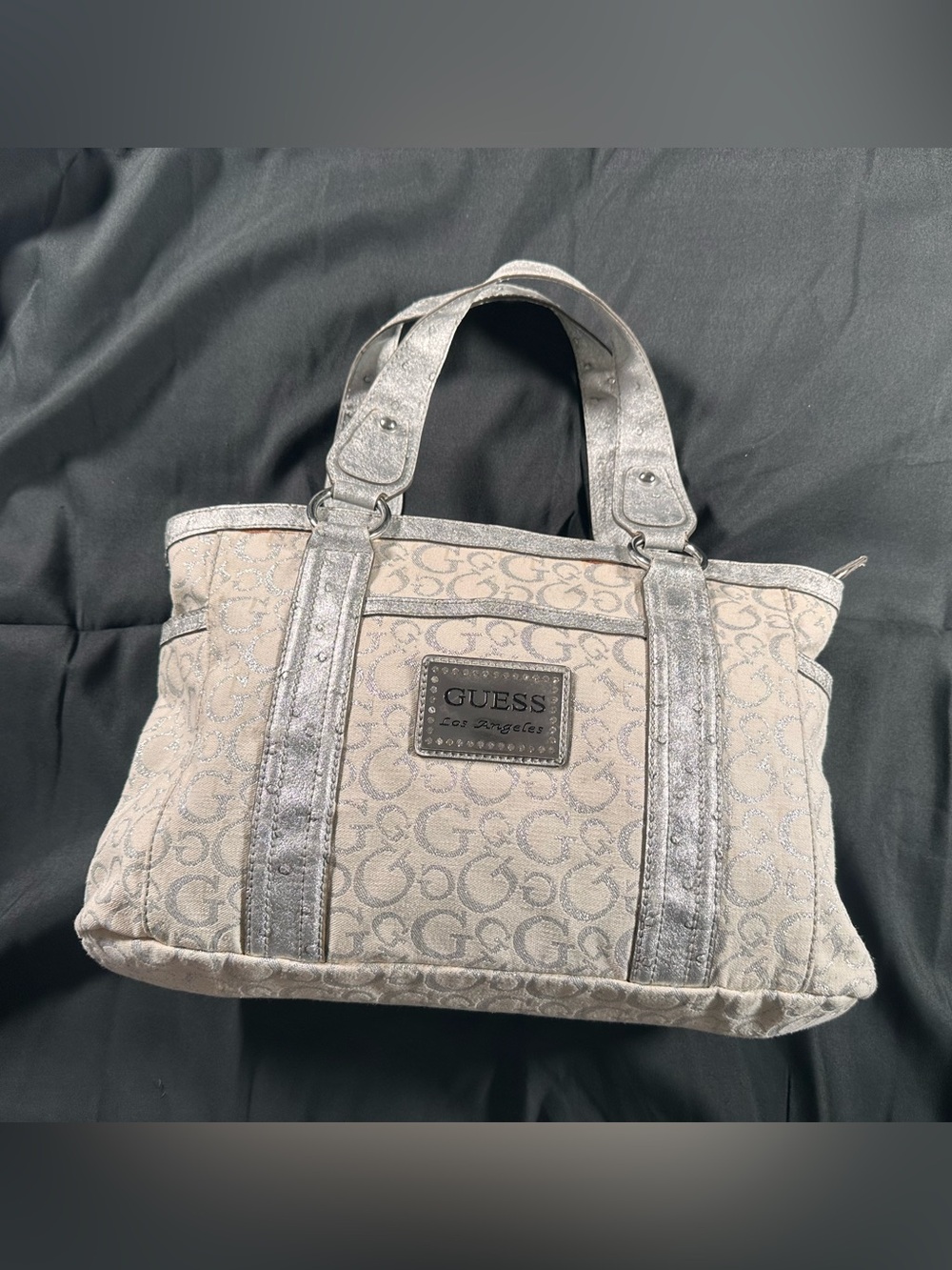 Guess Vintage Taluca Y2K White Silver BabyDoll Retro Chic Monochrome Tote Bag